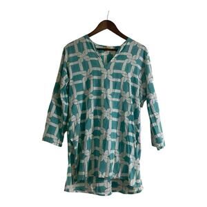 Roberta Roller Rabbit Teal and White Print Tunic Night Shirt Women's Size Medium